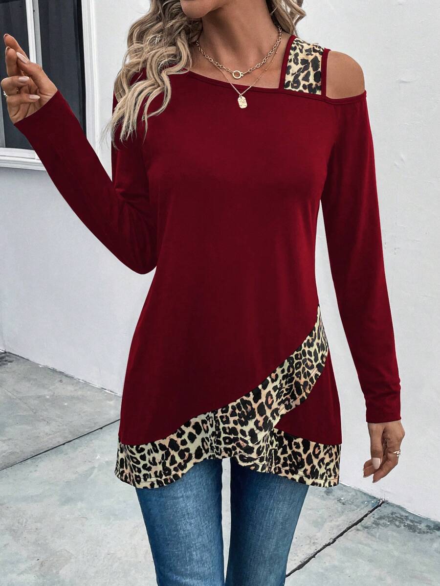 SHEIN LUNE Áo thun cổ tròn họa tiết da báo bất đối xứng Áo thun họa tiết da báo dành cho nữ - Màu Đỏ Sâu - Xem 1