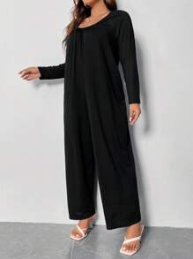 Celure 大碼純色闊腿連身褲 - 黑色 - 查看 4