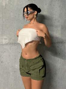 SHEIN ICON Zipper Fly Flap Pocket Raw Trim Cargo Shorts - Army Green - View 5