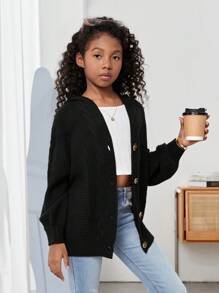 SHEIN Tween Girl Drop Shoulder Hooded Cardigan,In Fall/Winter - Black - View 5