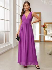 SHEIN Belle Plunging Neck Crisscross Tie Back Chiffon Bridesmaid Dress
