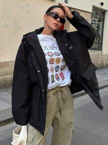 DAZY Letter Graphic Flap Pocket Drop Shoulder Drawstring Hooded Winter Thick Pockets Coat ,Winter Women Clothes,Winter Coat Women Jacket - Black - View 8