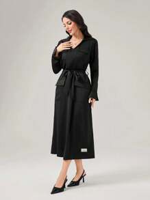 Seusyu Flap Pocket Belted Shirt Dress - Black - View 5