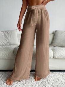 Elenzga 素色前繫帶闊腿罩衫長褲 - 卡其色 - 查看 3