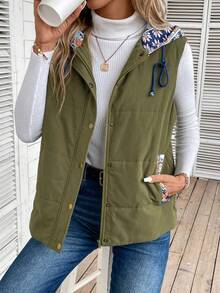 SHEIN LUNE Geo Print Drawstring Hooded Vest Padded Coat - Green - View 3