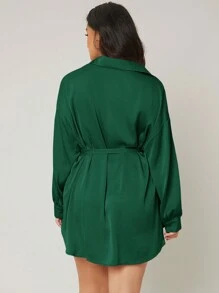 SHEIN Essnce Hơn Thả vai Thắt lưng Áo sơ mi - Màu xanh lá cây đậm - Xem 2