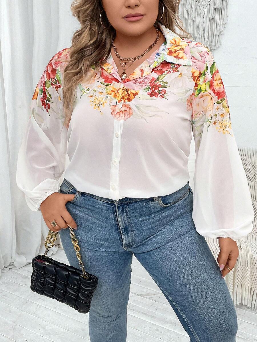 SHEIN LUNE 大碼印花燈籠袖雪紡襯衫 - 白色 - 查看 1