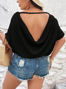 SHEIN VCAY Cộng với áo thun tay cánh dơi hở lưng - màu đen - Xem 6