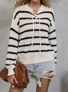 SHEIN LUNE Mẫu sọc Thả vai Lace lên phía trước Áo len - Đen và trắng - Xem 4