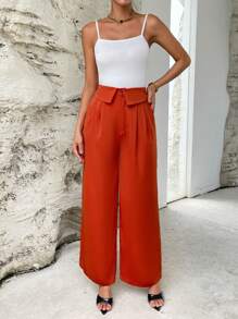 SHEIN Essnce 褶皺細節闊腿褲 - 橘色 - 查看 3