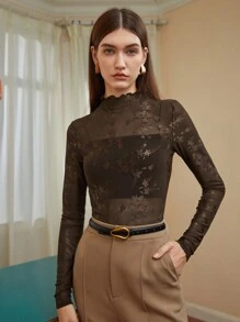 BizChic Mock Neck Lettuce Trim Top Without Bra - Khaki - View 4