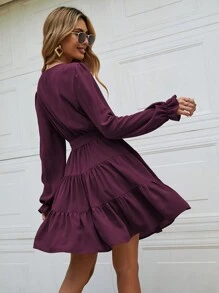SHEIN LUNE Tay áo loe Xù Hoa Sen Váy có thắt lưng - Màu tím - Xem 2
