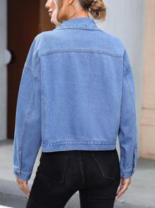 SHEIN Privé Star Embroidery Drop Shoulder Denim Jacket - Blue - View 2