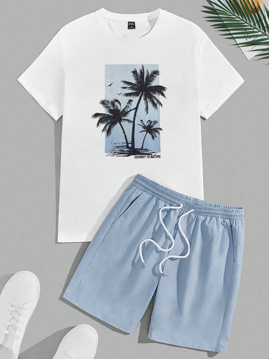 Manfinity BRENVOR Men Tropical Print Tee & Drawstring Waist Shorts, Vacation, Cozy Outfits - Dusty Blue - View 1