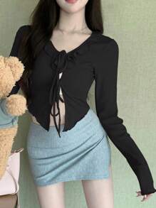 DAZY Áo croptop tay dài màu trơn thắt nơ phía trước, thích hợp mặc đi chơi. - màu đen - Xem 5