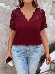 SHEIN Clasi Plus Contrast Lace Scallop Trim Tee - Burgundy - View 3