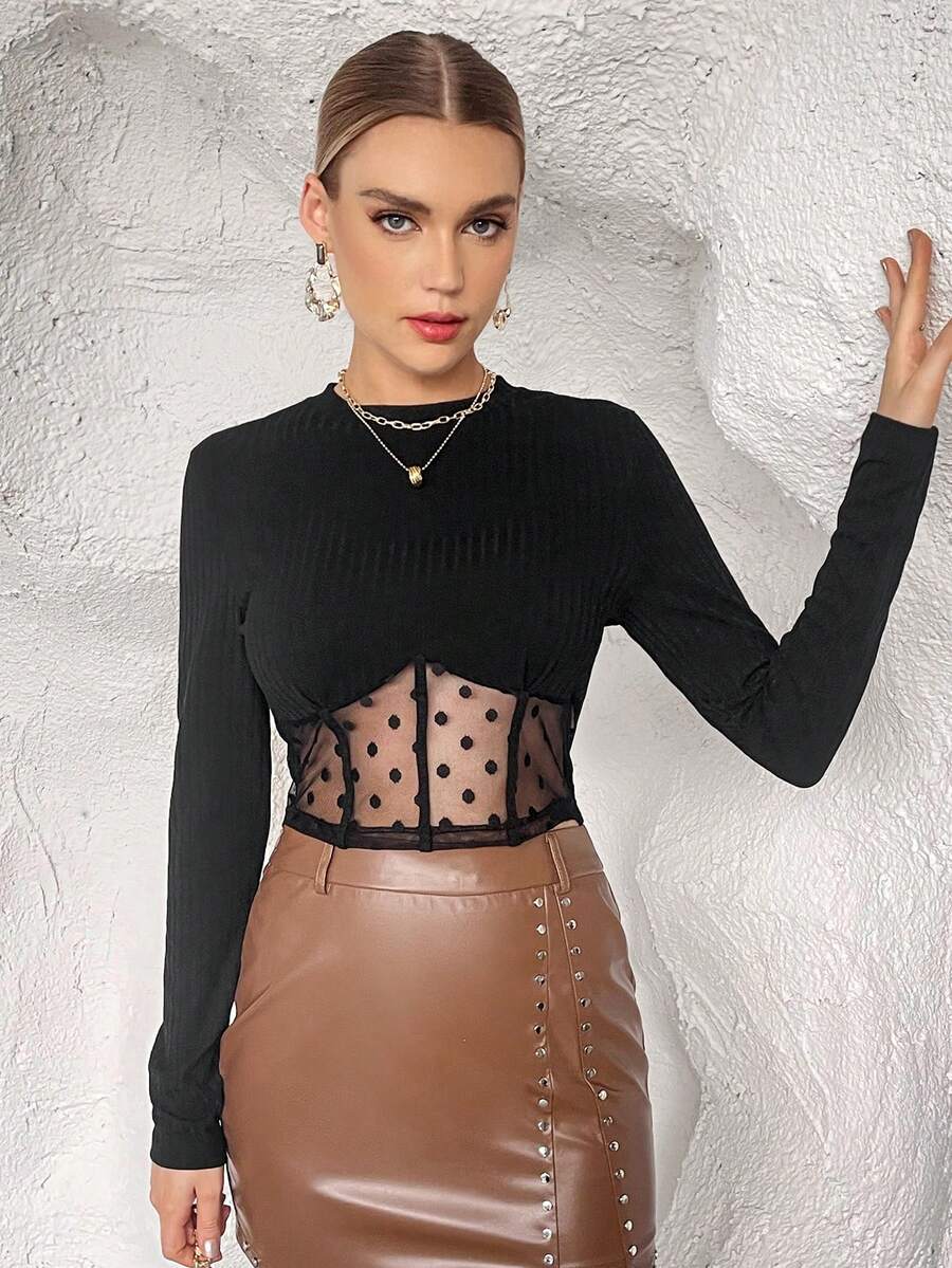 SHEIN Privé Lưới Dobby tương phản Đồ đan Ribbed Áo thun - Màu Khaki - Xem 1