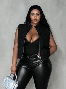 Slaydiva Plus Zip Up Crop Vest Padded Coat