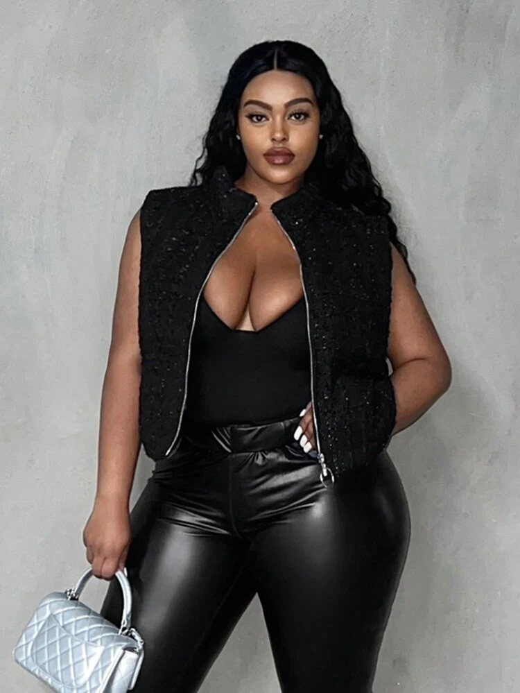 Plus Zip Up Crop Vest Padded Coat