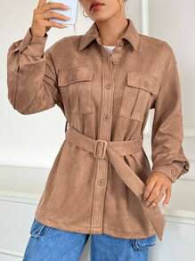 SHEIN EZwear 有蓋口袋落肩束帶大衣 - 駝色 - 查看 3