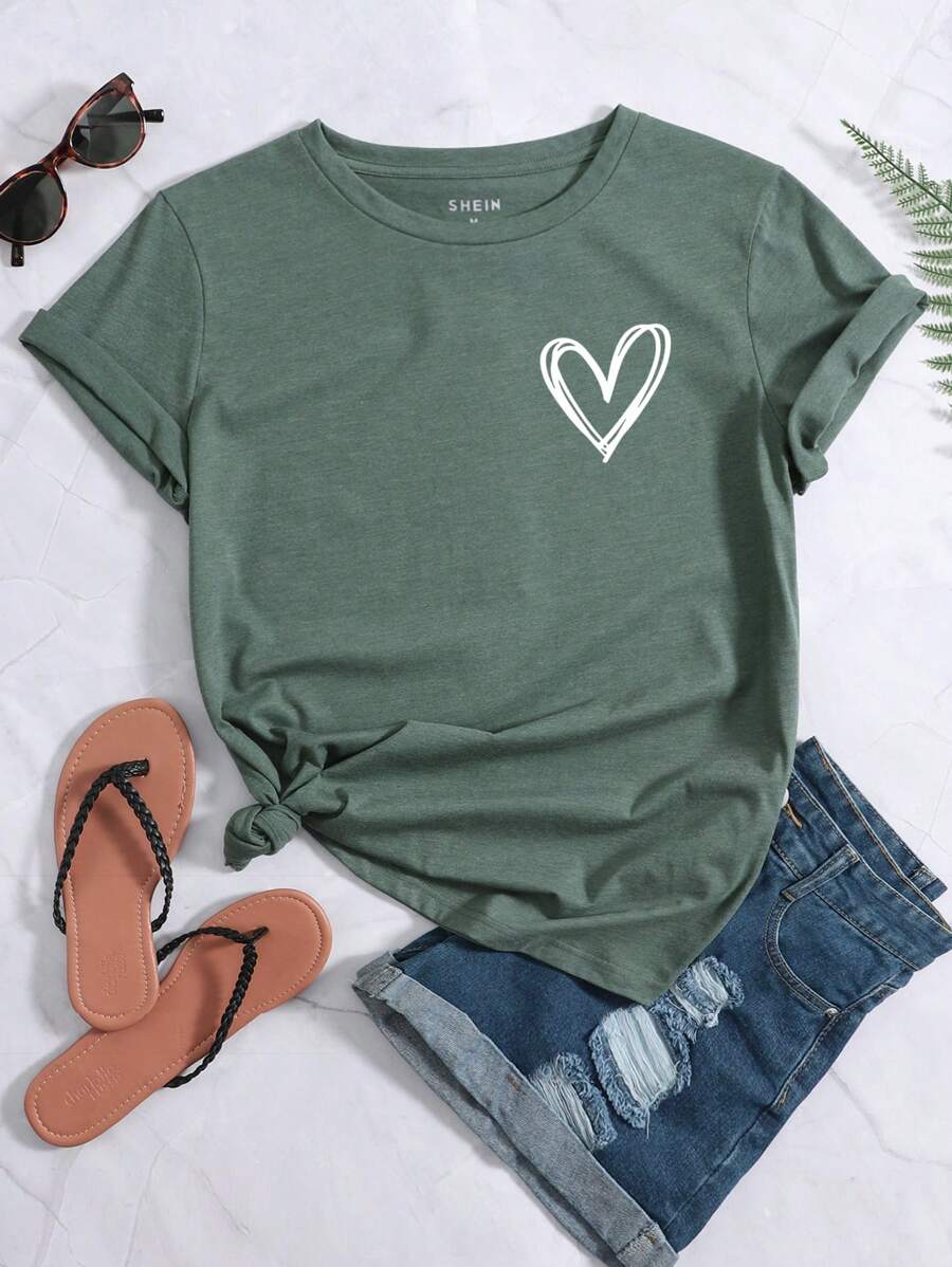 INAWLY 心形印花圆领 T 恤 图案 T 恤 女式上衣 - 墨綠色 - 查看 1