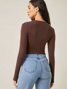 SHEIN BASICS Solid Square Neck Long Sleeve Crop Tee - Chocolate Brown - View 2