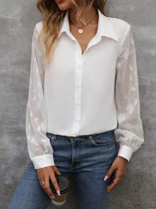 SHEIN Clasi Sheer Lantern Sleeve Shirt - White - View 1