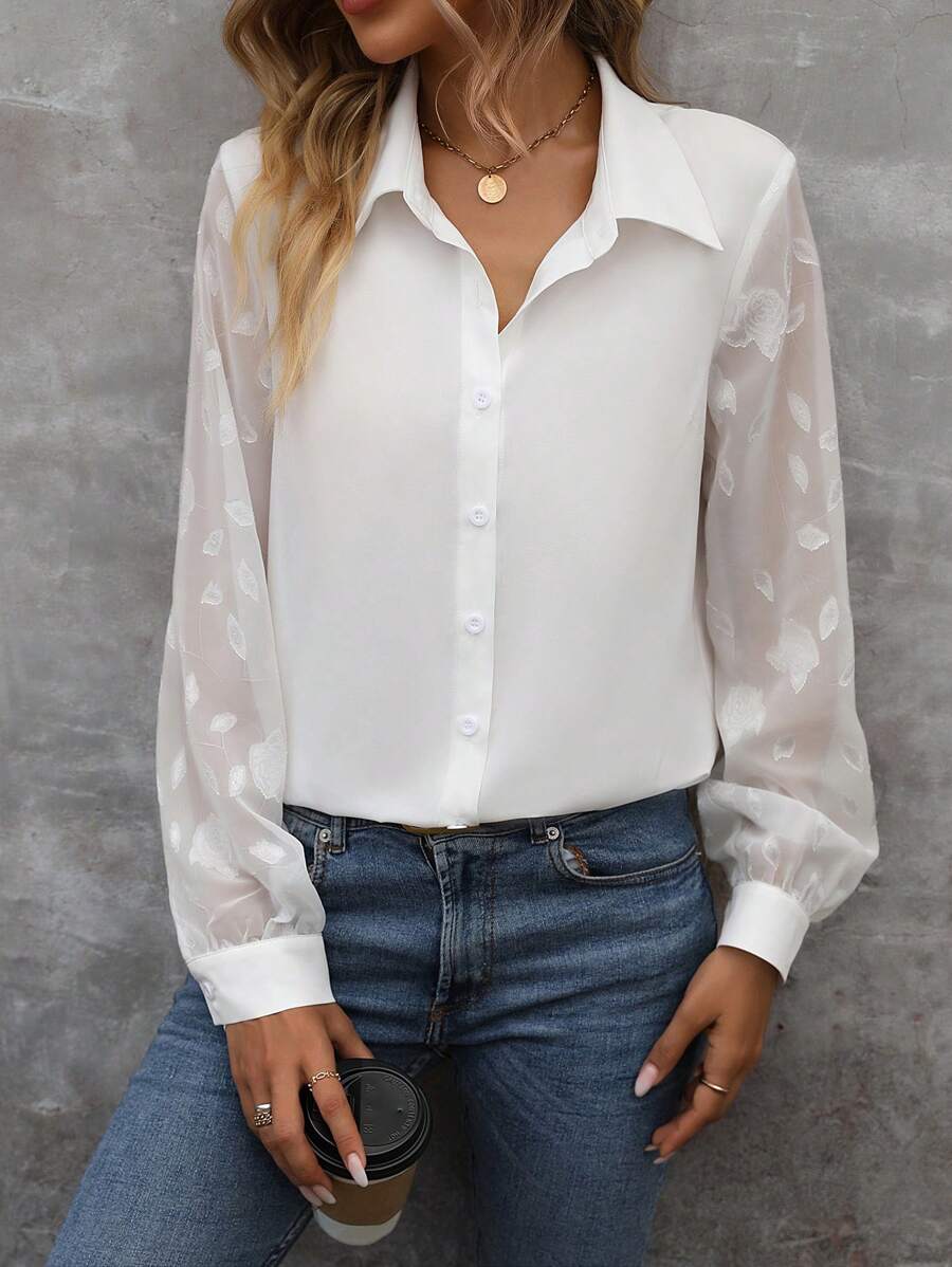 SHEIN Clasi Sheer Lantern Sleeve Shirt - White - View 1