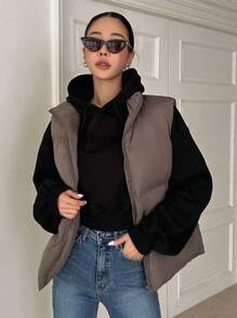 DAZY Zip Up Padded Vest Thick Pockets Coat, Women Winter Coat Jacket - Coffee Brown - View 1