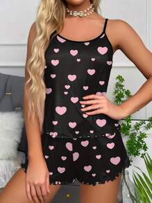Heart Print Lettuce Trim PJ Set / Pajama Set