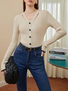 BizChic Cut Out Button Front Ribbed Knit Cardigan