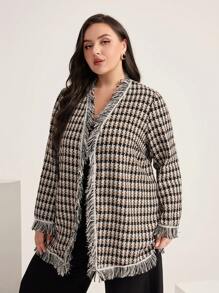 Modelyn Plus Plaid Print Raw Trim Open Front Tweed Overcoat Fall Cloth For Women - Black and White - View 3