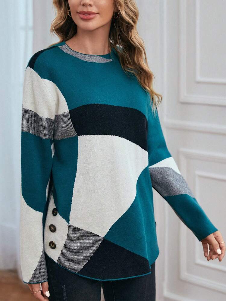 Color Block Button Detail Sweater