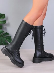 Women's Back Zip Wedge Fashionable Black Wedge Knee High Boots Black Boots With Sweater - Black - View 2