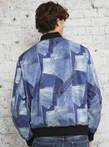 Manfinity VCAY 男式牛仔效果印花拉链飞行员夹克（不含 T 恤），适合秋冬 - 藍色 - 查看 2