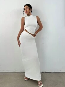 SHEIN Unity Mock Neck Crop Tank Top & Pencil Skirt - White - View 7