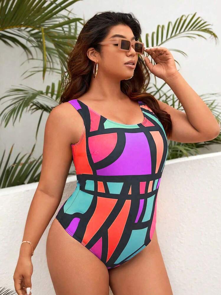 SHEIN Swim Curve 撞色大碼一件式泳衣 - 彩色 - 查看 6