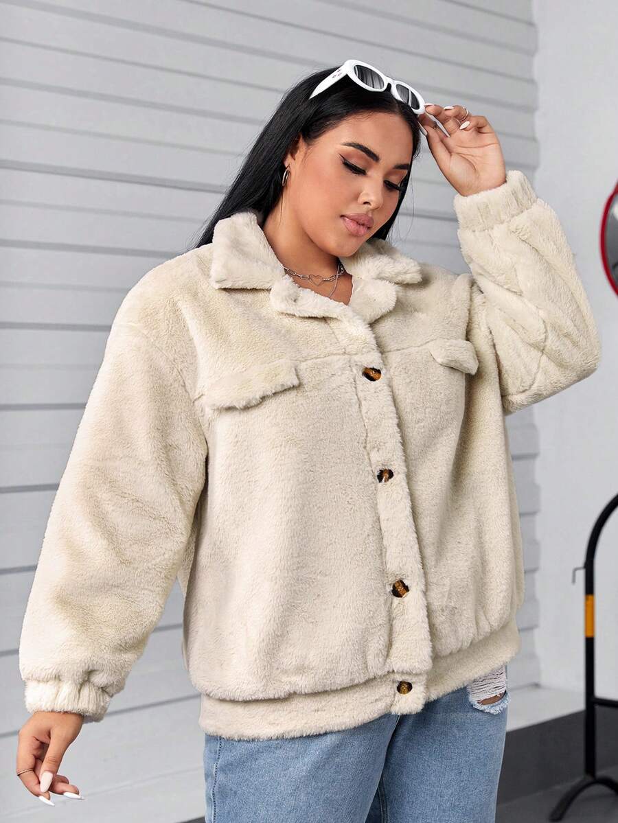 SHEIN EZwear Plus Flap Detail Drop Shoulder Teddy Jacket - Apricot - View 1