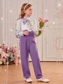 SHEIN Leap Crew 女大童印花燈籠袖襯衫和褲子 - 彩色 - 查看 7