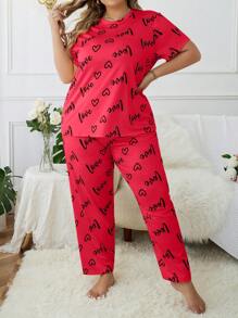 Plus Size Women Heart & Letter Graphic Top & Pants Pajama Set - Hot Pink - View 3