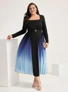 Modelyn Plus Ombre Square Neck Pleated Hem Dress Without Belt - Multicolor - View 4