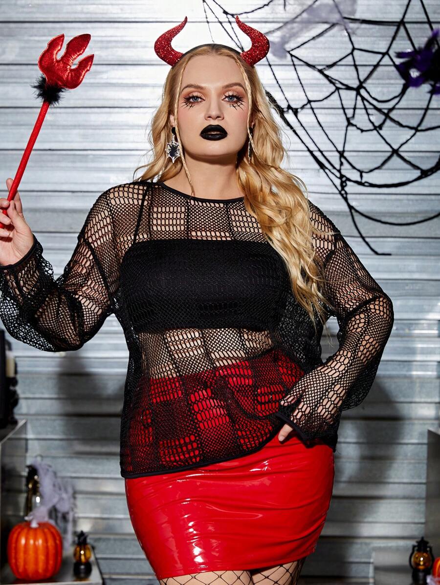 SHEIN EZwear Plus Hollow Out Drop Shoulder Top Without Tube Top - Black - View 1