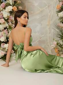 SHEIN Belle 开叉大腿缎面吊带伴娘礼服优雅正式晚会舞会婚礼宾客礼服，适合毕业典礼、晚宴派对礼服 - 薄荷綠 - 查看 5