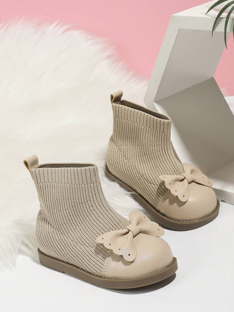 Girls Autumn/Winter New British Style Fashionable Bowknot Woolen Socks Boots, Outdoor Snow Boots For Toddlers, Warm And Boots