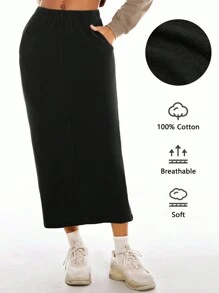 SHEIN BASICS Terry Fleece Elastic Waist Slant Pocket Solid Skirt - Black - View 1