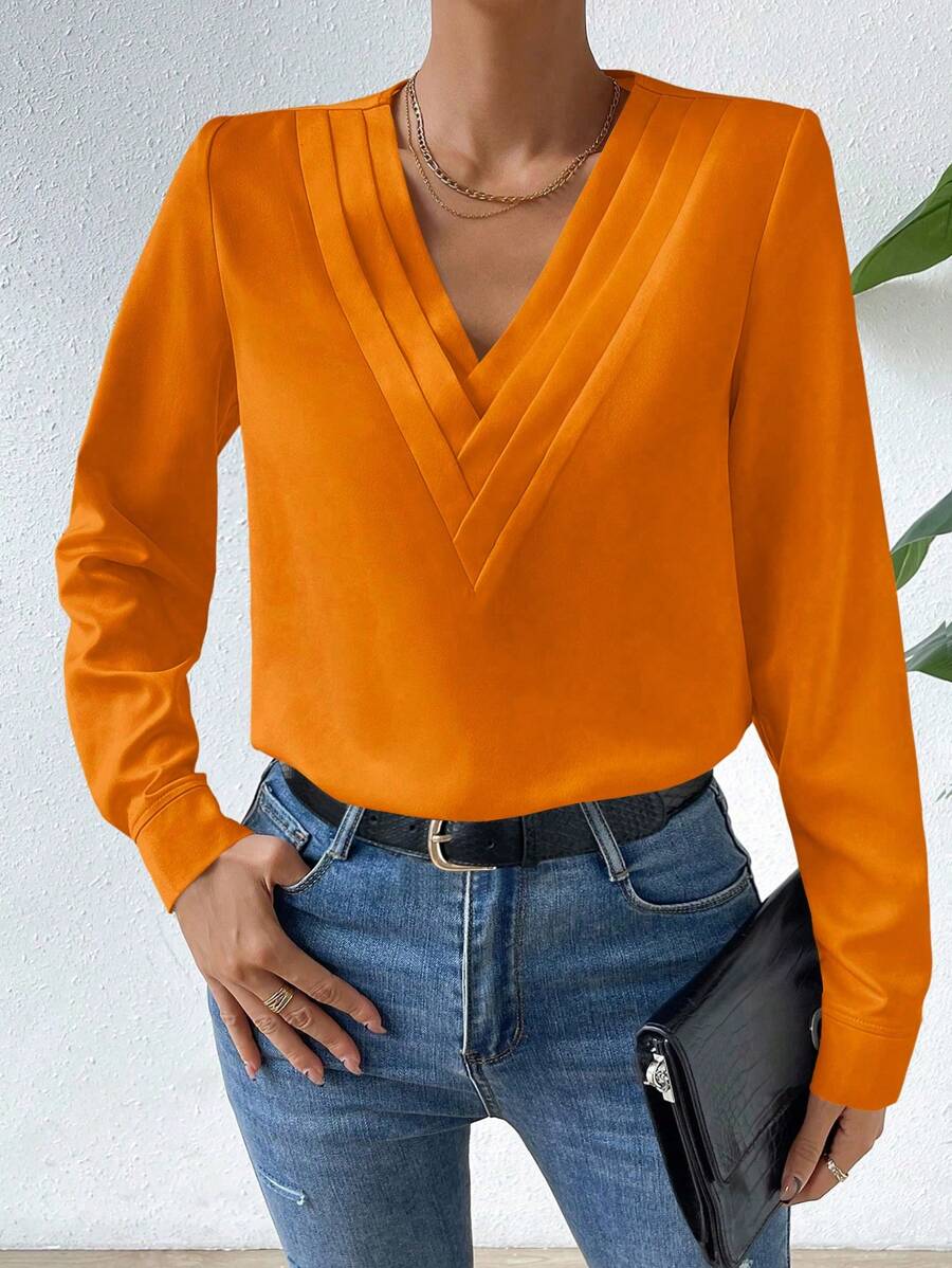 SHEIN Privé 素色V領襯衫 - 橘色 - 查看 1