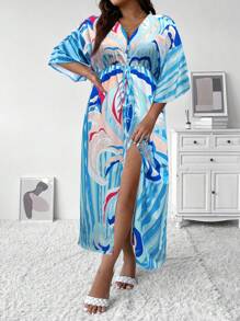 SHEIN Holidaya 大碼植物圖案蝙蝠袖腰上打結洋裝 - 藍色 - 查看 1