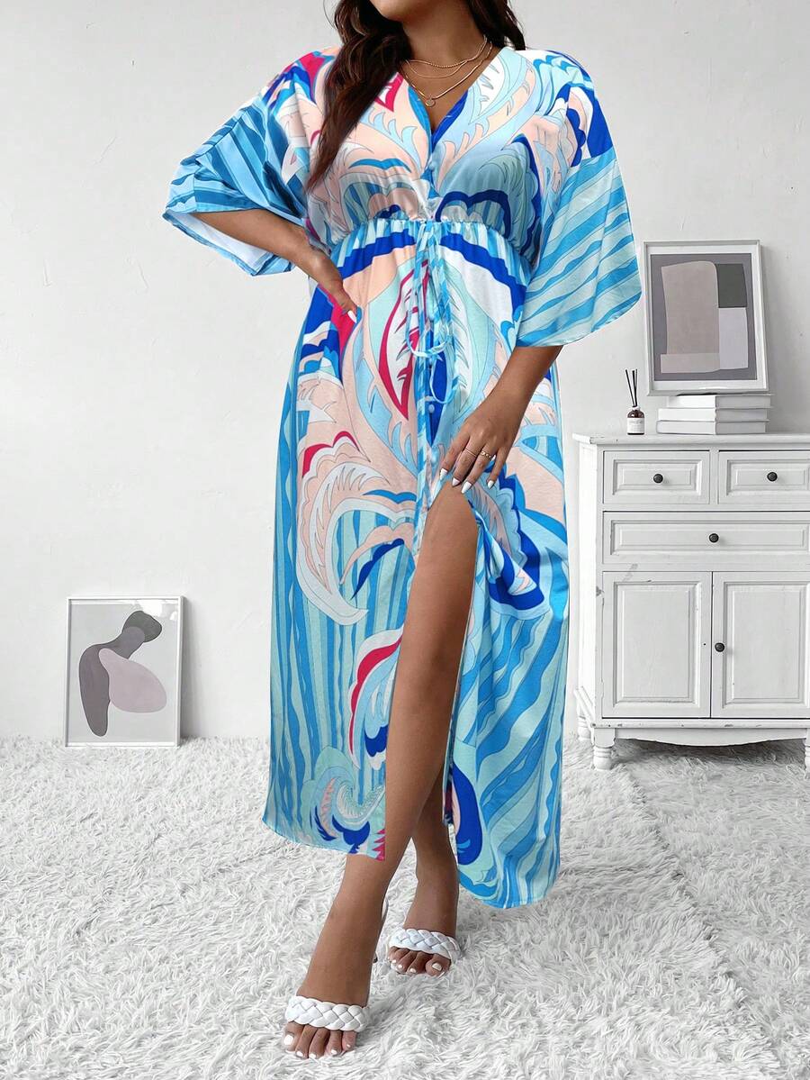 SHEIN Holidaya 大碼植物圖案蝙蝠袖腰上打結洋裝 - 藍色 - 查看 1