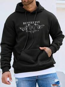 Manfinity Homme Men Plus Butterfly & Slogan Graphic Kangaroo Pocket Drawstring Hoodie - Black - View 4