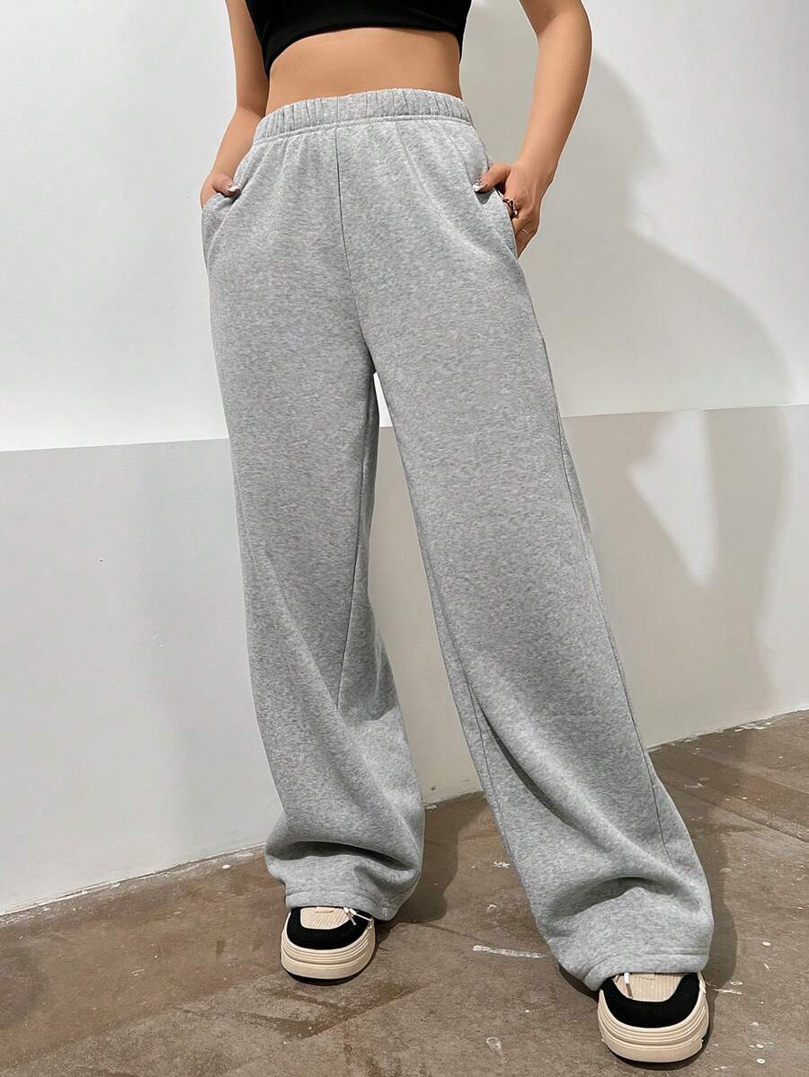 Flirla Solid Slant Pocket Wide Leg Sweatpants - Grey - View 1